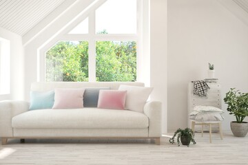 White living room with sofa and summer landscape in window. Scandinavian interior design. 3D illustration