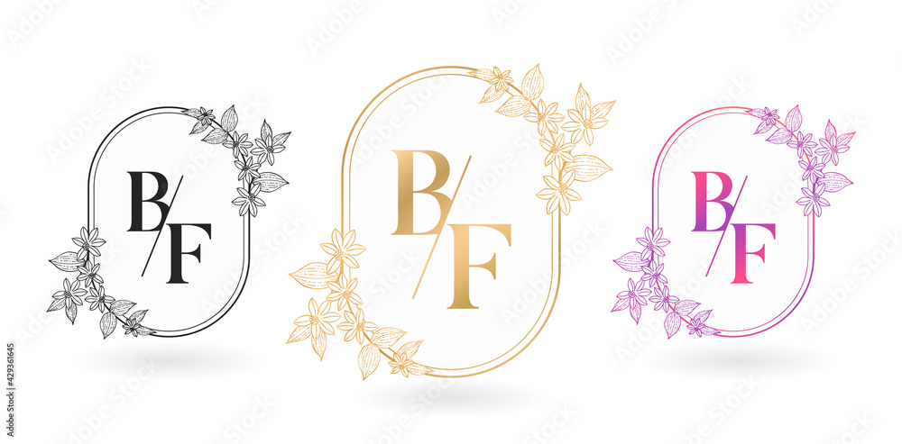 Wall mural illustration of floral frame for BF initial letter and graphic name, B and F Monogram, for Wedding couple symbolic, logo company and icon business, with three colors variation designs