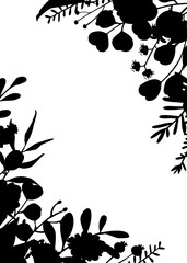  floral twigs branches flowers silhouettes frame arrangement, isolated vector illustration