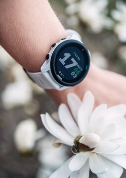 04.21.2021- Kyiv, Ukraine. Garmin Forerunner 745 sport watch with white band