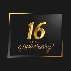 16th anniversary celebration logotype with handwriting golden color elegant design isolated on black background. vector anniversary for celebration, invitation card, and greeting card.