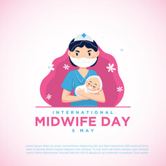 Vector illustration of a midwife holding a baby, as a banner, poster or template for international midwife's day.