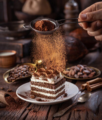 Dusting tiramisu-like cake with cocoa powder. Still life with slice of cake and coffee and cacao...