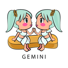 Zodiac sign of Gemini cute girl illustration vector, May 21 - June 20. Future telling, horoscope, alchemy, spirituality, occultism, fashion.