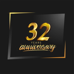 32nd anniversary celebration logotype with handwriting golden color elegant design isolated on black background. vector anniversary for celebration, invitation card, and greeting card.