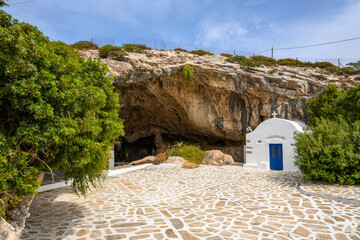 Small chapel of Agios Ioannis Spiliotis at the entrance of Antiparos Cave, on the southern side of the island. Cyclades, Greece