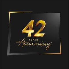 42nd anniversary celebration logotype with handwriting golden color elegant design isolated on black background. vector anniversary for celebration, invitation card, and greeting card.