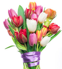 Colorful bouquet of tulips on white background.