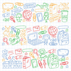 Creativity and imagination. Vector icons with school items.