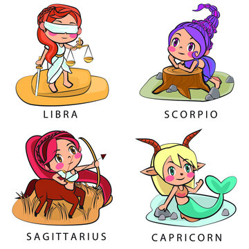 Cute Zodiac Collection, girls set: Libra, Scorpio, Sagittarius, Capricorn. Future telling, horoscope, alchemy, spirituality, occultism, fashion.