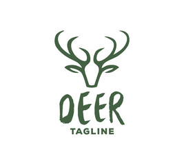 Simple and abstract deer head illustration. Green logo design on white background.