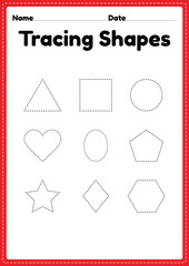 Tracing shapes worksheet for kindergarten and preschool kids for handwriting practice and educational activities in a printable page illustration