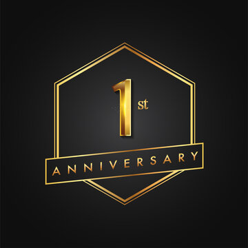 1st Anniversary Celebration. Anniversary logo with hexagon and elegance golden color isolated on black background, vector design for celebration, invitation card, and greeting card