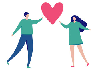 Stylized man and woman are drawn to a big heart. Valentine's day theme. Couple in love. He and she. Colorful flat vector illustration. Isolated on a white  background. 