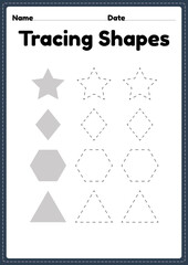 Tracing shapes worksheet for kindergarten and preschool kids for handwriting practice and educational activities in a printable page illustration