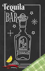 Tequila bar logo design. Label for bar, cafe restaurant in Mexican style with a picture of a bottle of tequila, lemon, salt and red hot pepper. Vector illustration