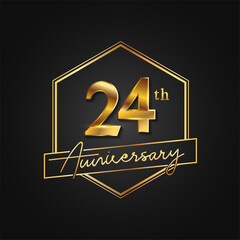 24th anniversary Celebration. Anniversary logo with hexagon and elegance golden color isolated on black background, vector design for celebration, invitation card, and greeting card