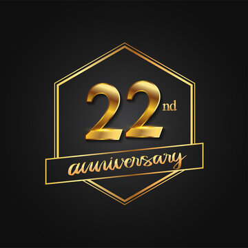 22nd Anniversary Celebration. Anniversary logo with hexagon and elegance golden color isolated on black background, vector design for celebration, invitation card, and greeting card