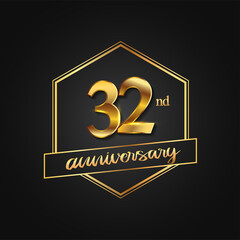 32nd Anniversary Celebration. Anniversary logo with hexagon and elegance golden color isolated on black background, vector design for celebration, invitation card, and greeting card