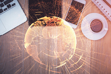 Double exposure of social network theme drawing over table with phone. Top view. People connecting concept.