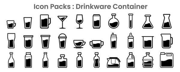 Icon packs of drinkware container and liquor figure in black thin outline illustration vector