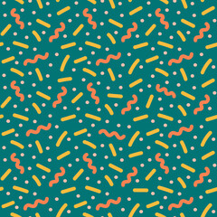 Stylized abstract bright seamless pattern with lines and dots. Beautiful modern print for textile, fabric, clothes, goods, packaging, design. Hand drawn vector illustration with colorful elements.