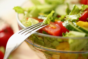 Closeup of plate with greens and tomatoes salad and fork