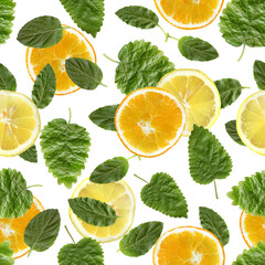 Mint, orange and lemon seamless pattern background. Colorful print for menu, paper, packaging,...