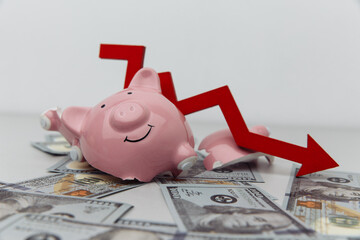 Broken piggy bank and red arrow down with dollar banknotes. Investment and bankruptcy concept