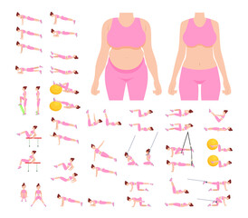 Girl before and after fat loss. A thin and fat girl. Vector illustration for design, banner, and magazine. Fitness exercises for the press. We make a thin waist. Remove the sides.