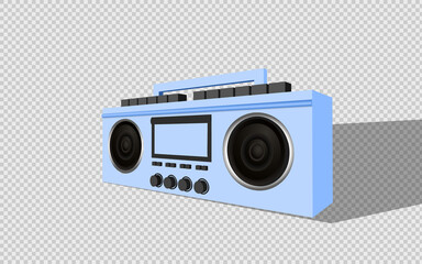 Modern stylish music receiver. Blue Boombox, audio and music. Retro old Realistic 3d object. Tape recorder vintage isolated on transparent background. vector illustration