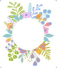 colorful floral twigs branches flowers frame arrangement, isolated vector illustration