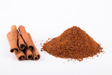 Cinnamon sticks and Powder, White Background stock photo