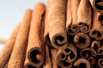 Cinnamon swirls background, Side view stock photo