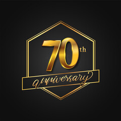 70th Anniversary Celebration. Anniversary logo with hexagon and elegance golden color isolated on black background, vector design for celebration, invitation card, and greeting card