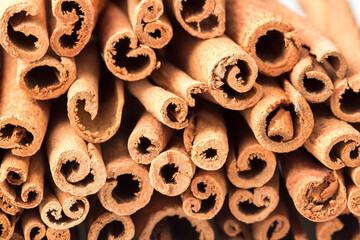 Cinnamon swirls background, Side view stock photo