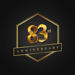 83rd Anniversary Celebration. Anniversary logo with hexagon and elegance golden color isolated on black background, vector design for celebration, invitation card, and greeting card
