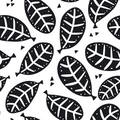 black and white floral seamless pattern, endless repeatable plant texture, vector illustration background