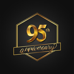 95th Anniversary Celebration. Anniversary logo with hexagon and elegance golden color isolated on black background, vector design for celebration, invitation card, and greeting card