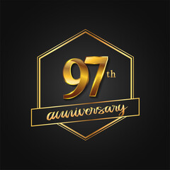 97th Anniversary Celebration. Anniversary logo with hexagon and elegance golden color isolated on black background, vector design for celebration, invitation card, and greeting card