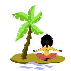 Palm tree on the sandy coast. Afro American doing yoga. Holiday illustration in the tropics. Tourism theme.