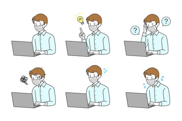 マスクをつけてパソコンに向かうビジネスマン　セット　イラスト素材