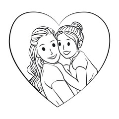 Mom and Daugther line vector illustration in heart love frame, mother day's love