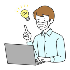 マスクをつけてパソコンに向かうビジネスマン　ひらめき　イラスト素材