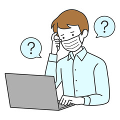 マスクをつけてパソコンに向かうビジネスマン　疑問　イラスト素材