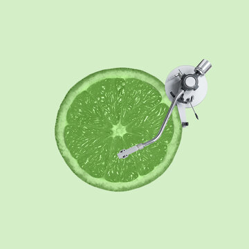 Contemporary Art Collage, Modern Design. Summer Mood. Media Player Made Of Lime Green And Juicy Slice On Green