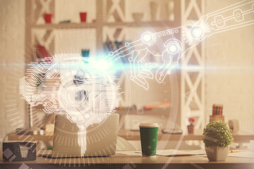 Double exposure of brain drawing and office interior background. Concept of data technology.