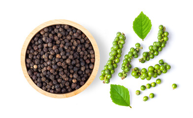 pepper in wood bowl isolated on white background
