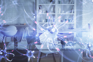 Double exposure of neuron drawing and office interior background. Concept of education.