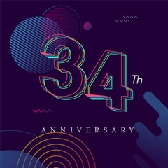 34 years anniversary logo, vector design birthday celebration with colorful geometric background and circles shape.